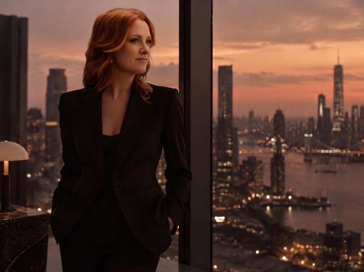 Amanda Johansen in a black blazer beside a window overlooking the city skyline at dusk